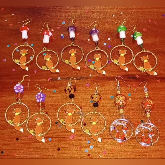 Fox Circle Mushroom Flower Beaded Handmade Unique Sparkly Hoop Earrings - Picture 4 of 7